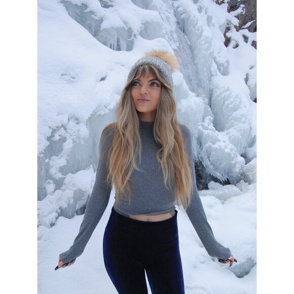 REAL FOX FUR Puff Beanie (Grey Marl) main image 10